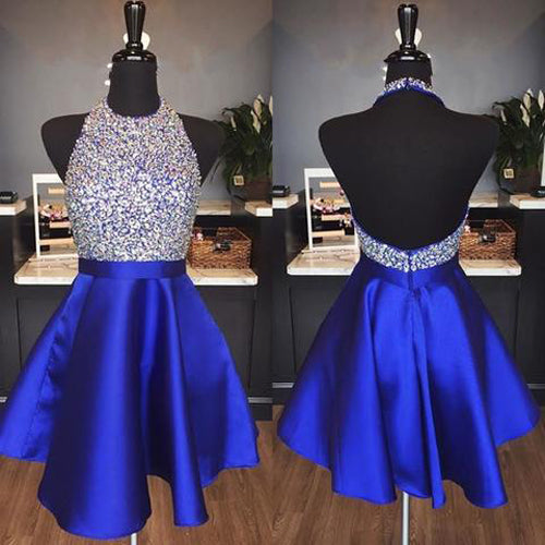 Robe de bal de fin d'année bleu royal en satin, dos nu, à col licou orné de bijoux, sequins et cristaux