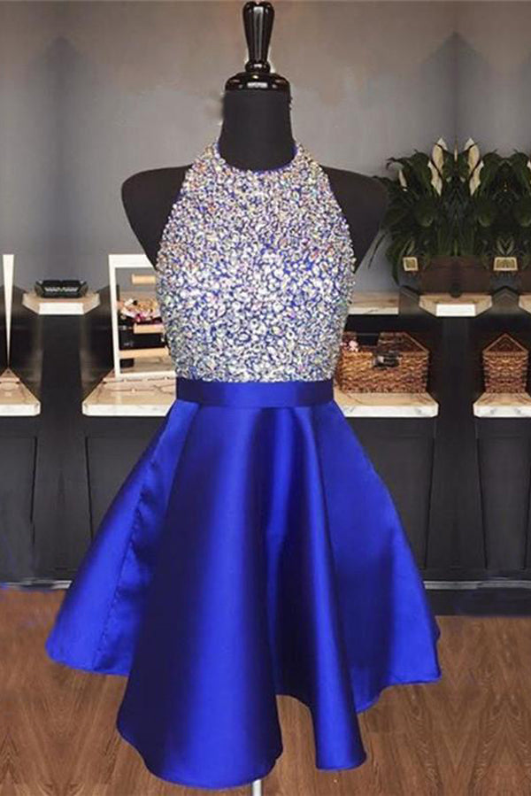 Robe de bal de fin d'année bleu royal en satin, dos nu, à col licou orné de bijoux, sequins et cristaux