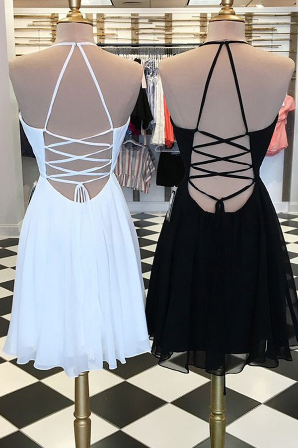 Schlichtes A-Linien-Heimkehrkleid aus Chiffon mit V-Ausschnitt, überkreuztem Rücken und Stickerei