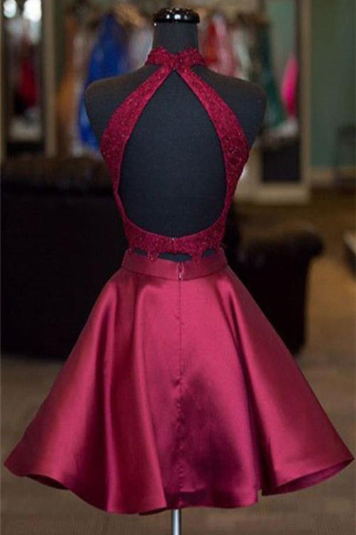 Burgundy Two Piece A-line Satin Short Prom Dresses Homecoming Dress