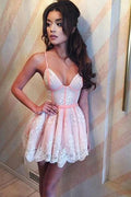 Cute Spaghetti Straps V-neck Pink Satin Homecoming Dresses with Lace Short Prom Dress