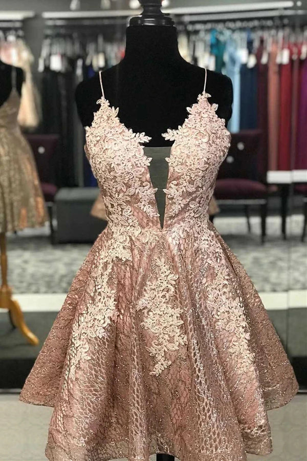 A-line Lace Short Prom Dress Homecoming Dress With Criss Cross Back