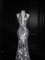 Vestido de noche escotado en V profundo plateado brillante con lentejuelas, cuentas y espalda descubierta, vestido de sirena para baile de graduación Y8687