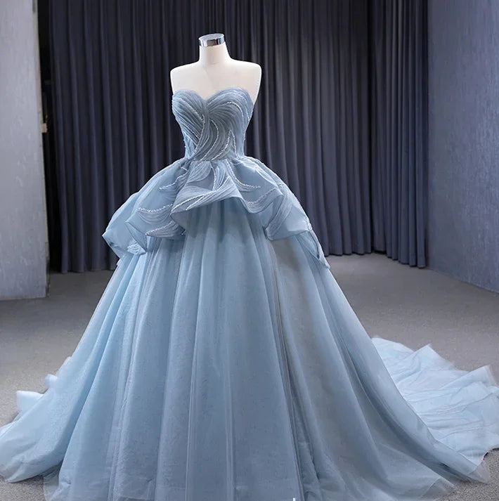 Vestido Princesa de Tule Azul Encantador com Decote Coração, Vestido de Baile Azul, Vestido de Fada Azul Y6472