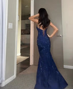 Vestido de baile sereia com lantejoulas azuis brilhantes e alças vestido de noite com racha Y7825