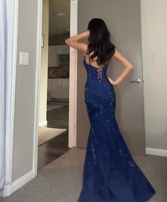 Vestido de baile sereia com lantejoulas azuis brilhantes e alças vestido de noite com racha Y7825