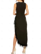 Sleeveless Jewel Neck Tea Length Chiffon Sheath Dress For Wedding Guests