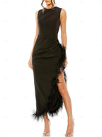 Sleeveless Jewel Neck Tea Length Chiffon Sheath Dress For Wedding Guests