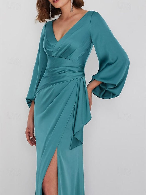Floor Length Long Sleeve V Neck A Line Wedding Guest Dress Charmeuse With Ruched