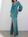 Floor Length Long Sleeve V Neck A Line Wedding Guest Dress Charmeuse With Ruched