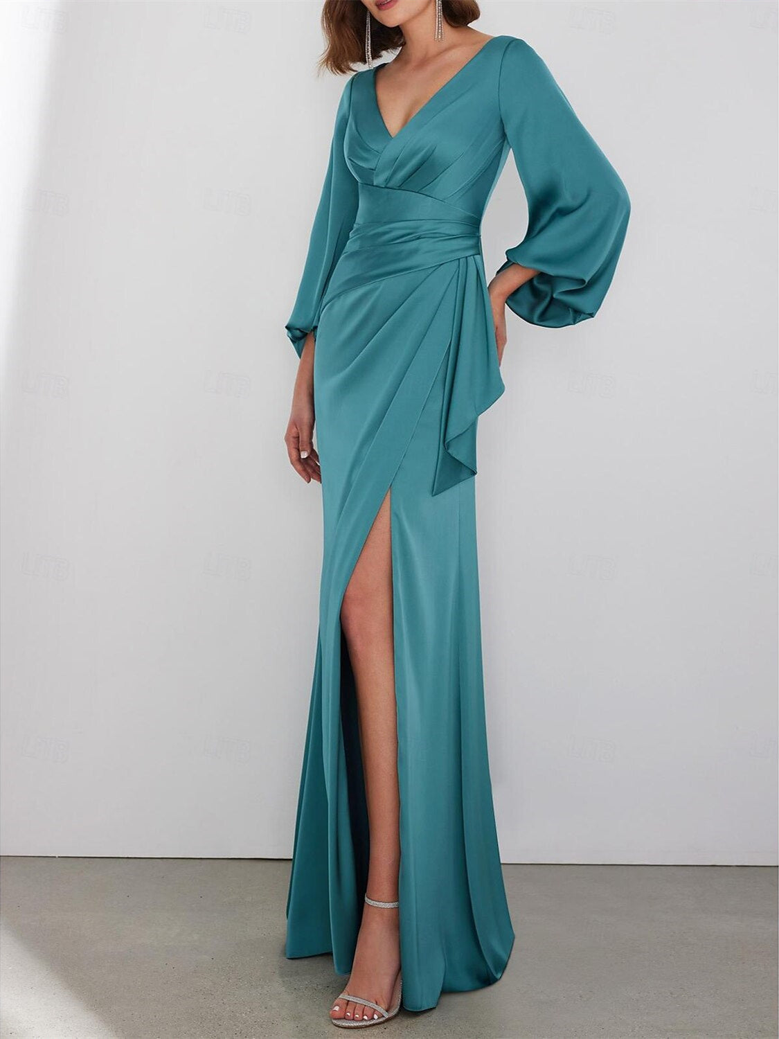 Floor Length Long Sleeve V Neck A Line Wedding Guest Dress Charmeuse With Ruched