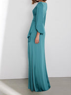 Floor Length Long Sleeve V Neck A Line Wedding Guest Dress Charmeuse With Ruched