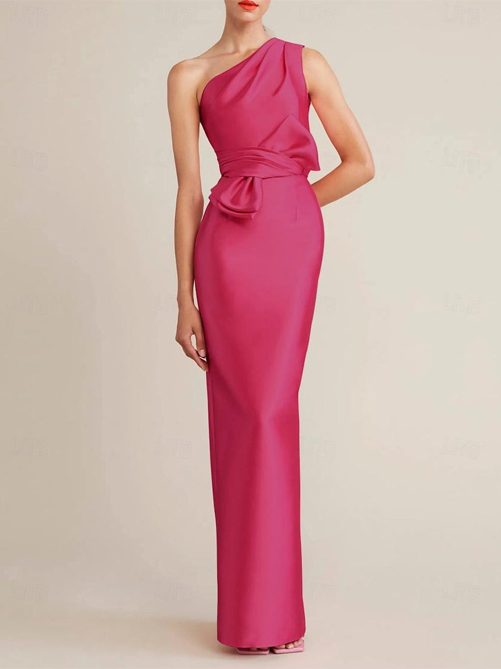 One Shoulder Satin Floor Length Wedding Guest Dress With Bow And Pocket
