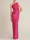 One Shoulder Satin Floor Length Wedding Guest Dress With Bow And Pocket