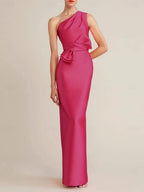 One Shoulder Satin Floor Length Wedding Guest Dress With Bow And Pocket