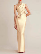 One Shoulder Satin Floor Length Wedding Guest Dress With Bow And Pocket