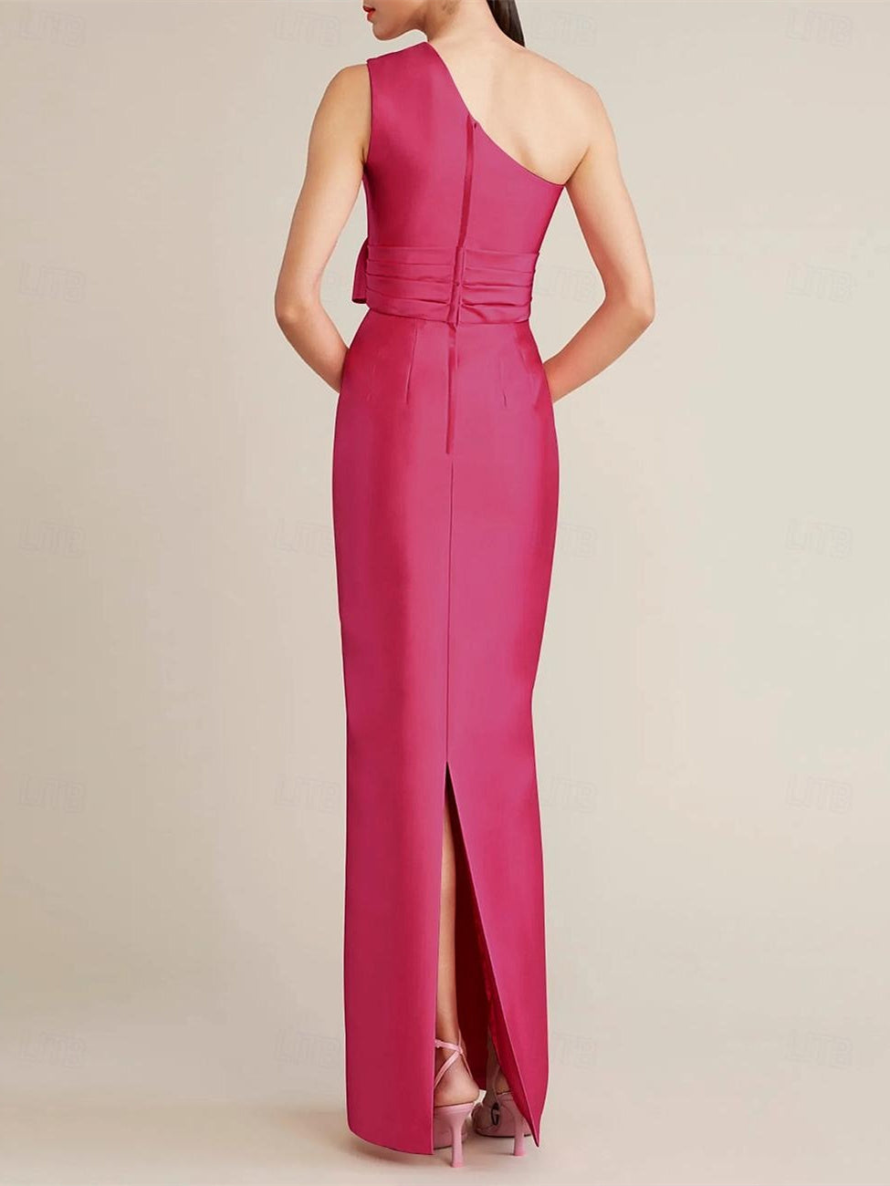 One Shoulder Satin Floor Length Wedding Guest Dress With Bow And Pocket