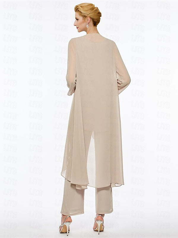 Ankle-Length Mother of the Bride Pantsuits with Jacket in Chiffon Round Neck and 3/4 Sleeves