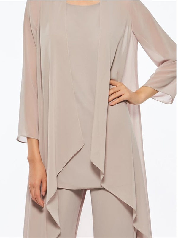Ankle-Length Mother of the Bride Pantsuits with Jacket in Chiffon Round Neck and 3/4 Sleeves