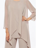 Ankle-Length Mother of the Bride Pantsuits with Jacket in Chiffon Round Neck and 3/4 Sleeves