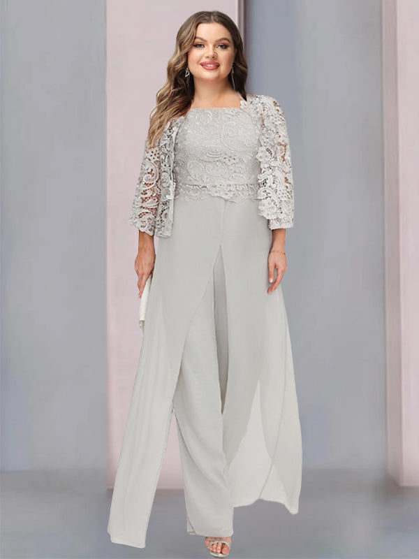 Floor-Length Square Neck Chiffon Mother of the Bride Pantsuit with Jacket & Side Split