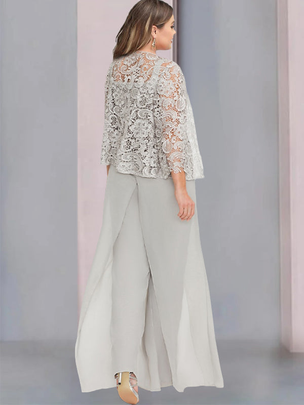 Plus Size Floor Length Chiffon Pantsuit For Mother Of The Bride With Jacket