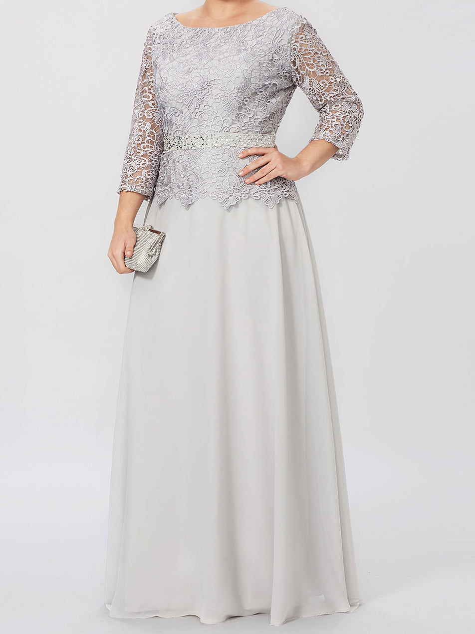 Floor Length A Line Gown Round Neck Three Quarter Sleeves Applique Sequins