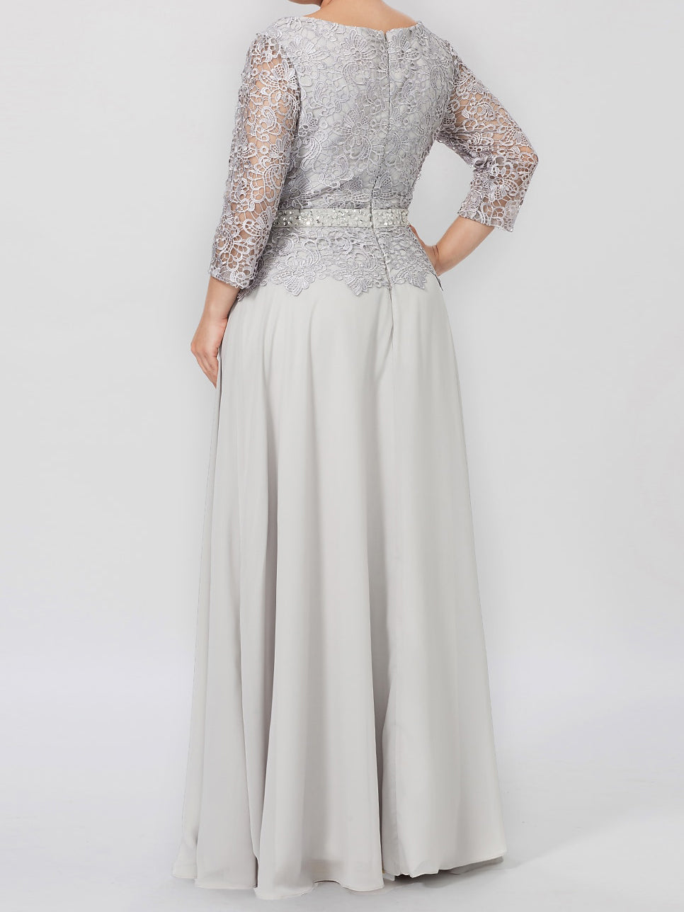 Floor Length A Line Gown Round Neck Three Quarter Sleeves Applique Sequins