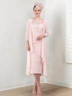 Round Neck Mother Of The Bride Sheath Column Dresses With Applique Jacket