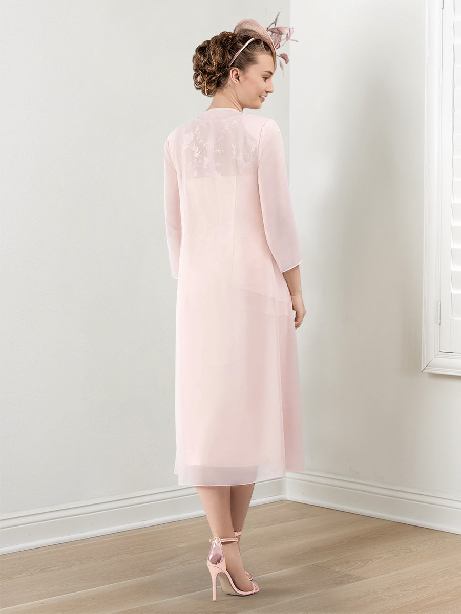 Round Neck Mother Of The Bride Sheath Column Dresses With Applique Jacket
