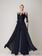 Princess Jewel Neck A-Line Floor-Length Mother of the Bride Pantsuit with Applique and 3/4 Sleeves