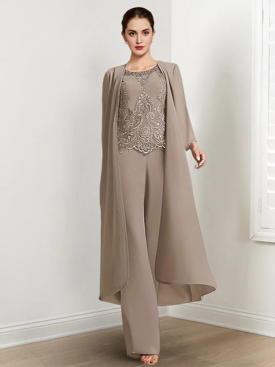 Floor Length Chiffon Pantsuit For Mother Of The Bride With Jacket And Applique
