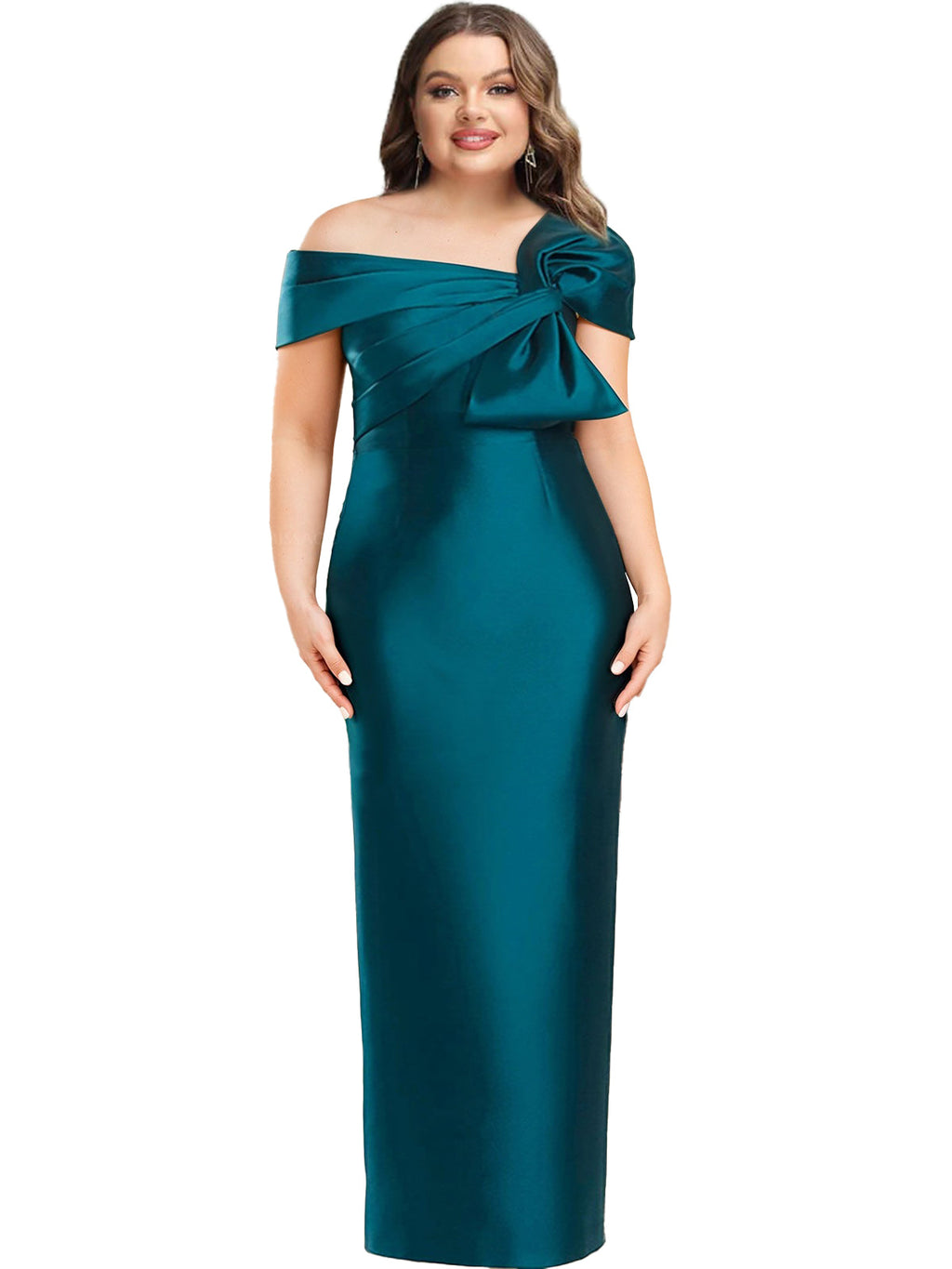 Vestido plus size de um ombro até ao chão para mãe da noiva com laço