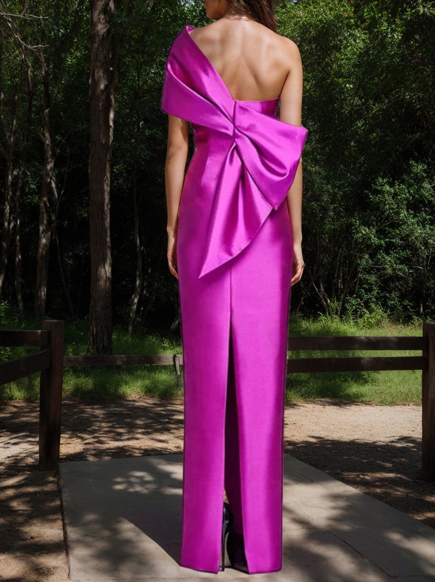 One Shoulder Sleeveless Floor Length Sheath Dress Mother Of Bride With Bowknot