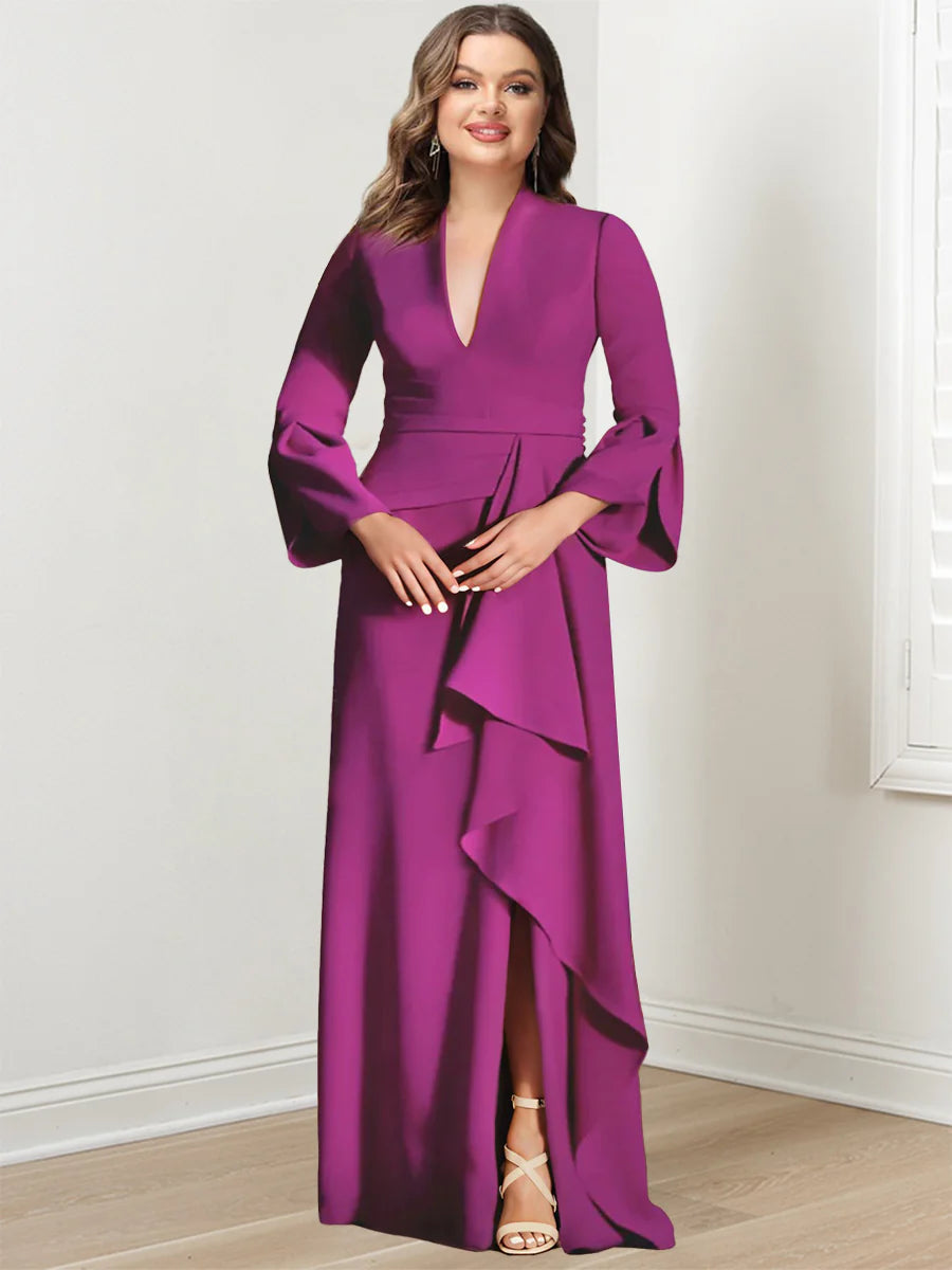 V-Neck Floor Length Plus Size Mother Of The Bride Gown With Side Split Sleeves