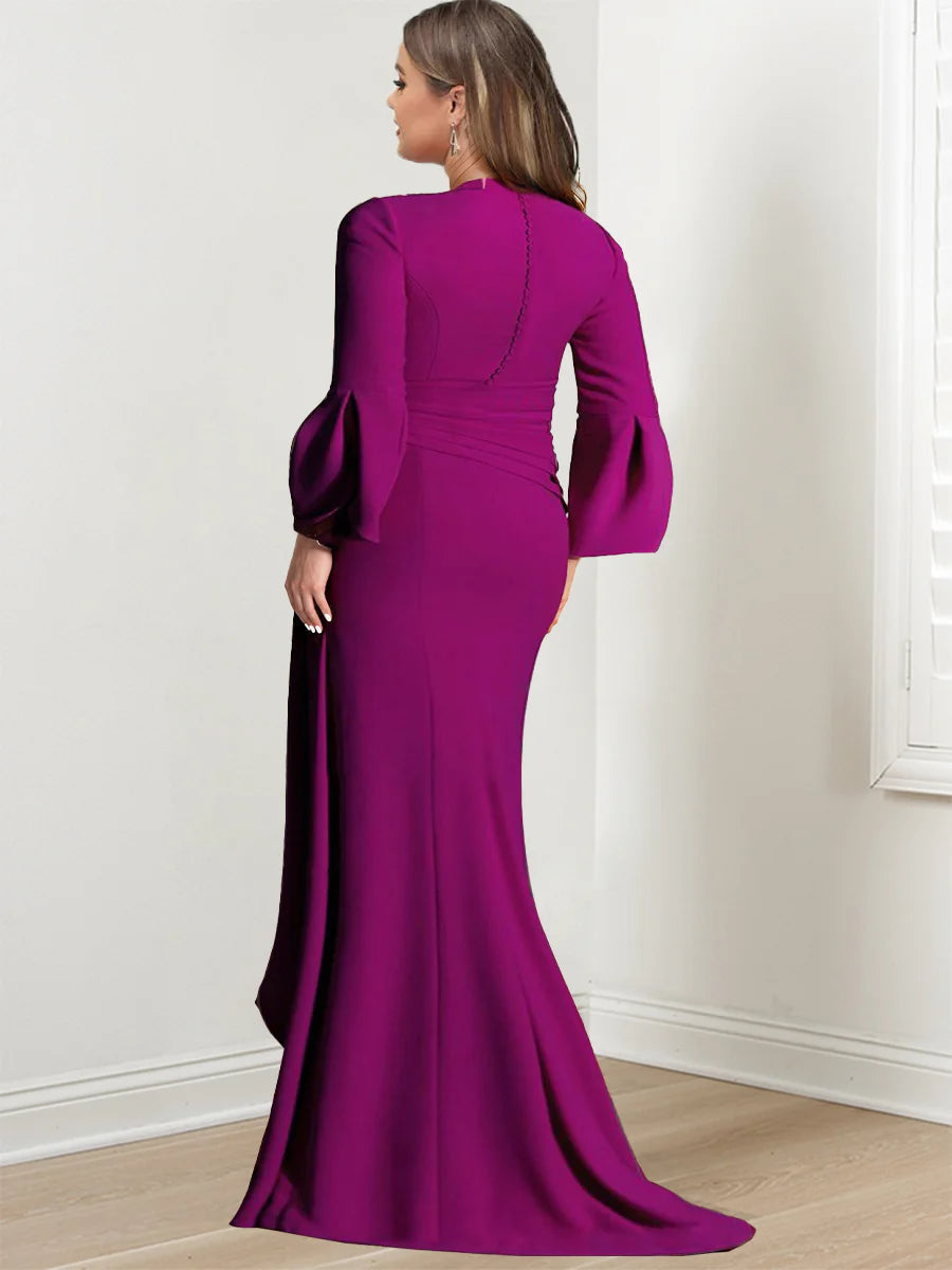 V-Neck Floor Length Plus Size Mother Of The Bride Gown With Side Split Sleeves