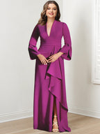 V Neck Floor Length Mother Of The Bride Dress With Side Split And Long Sleeves