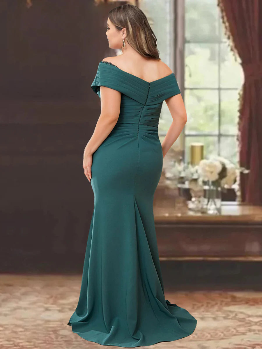 Off Shoulder Sleeveless Plus Size Mother Of The Bride Gown With Ruffles