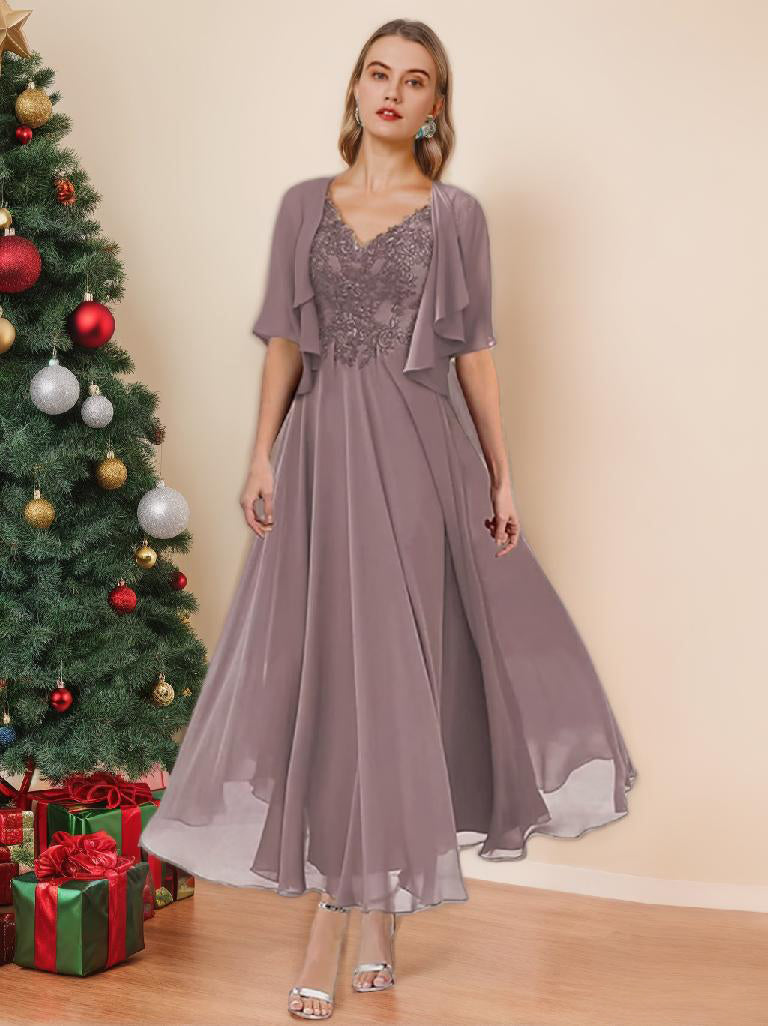 V-Neck A-Line Princess Tea-Length Dress for Mother of the Bride