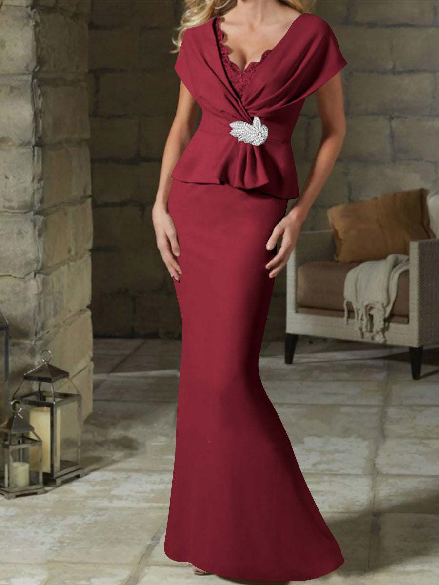 V-Neck Belted Mother of the Bride Sheath Dress for Weddings