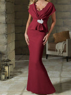 V-Neck Belted Mother of the Bride Sheath Dress for Weddings