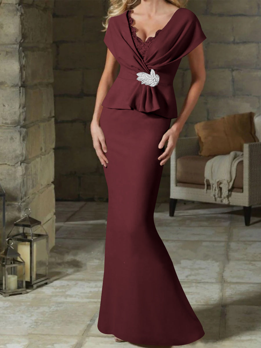 V-Neck Belted Mother of the Bride Sheath Dress for Weddings