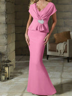 V-Neck Belted Mother of the Bride Sheath Dress for Weddings