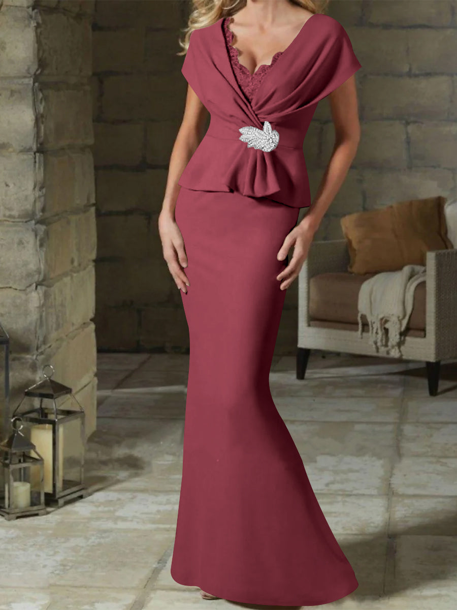 V-Neck Belted Mother of the Bride Sheath Dress for Weddings
