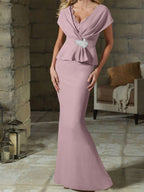 V-Neck Belted Mother of the Bride Sheath Dress for Weddings