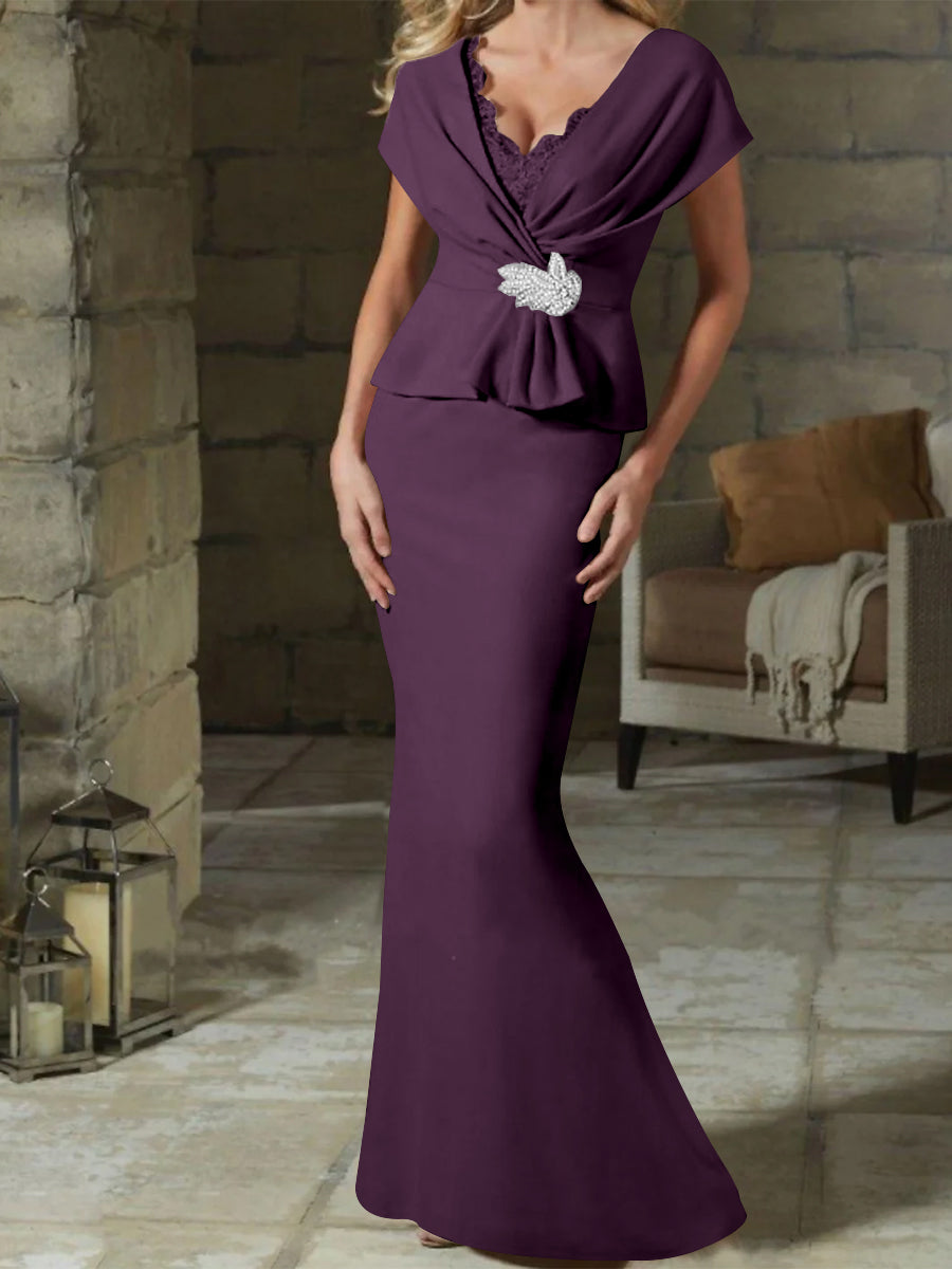 V-Neck Belted Mother of the Bride Sheath Dress for Weddings