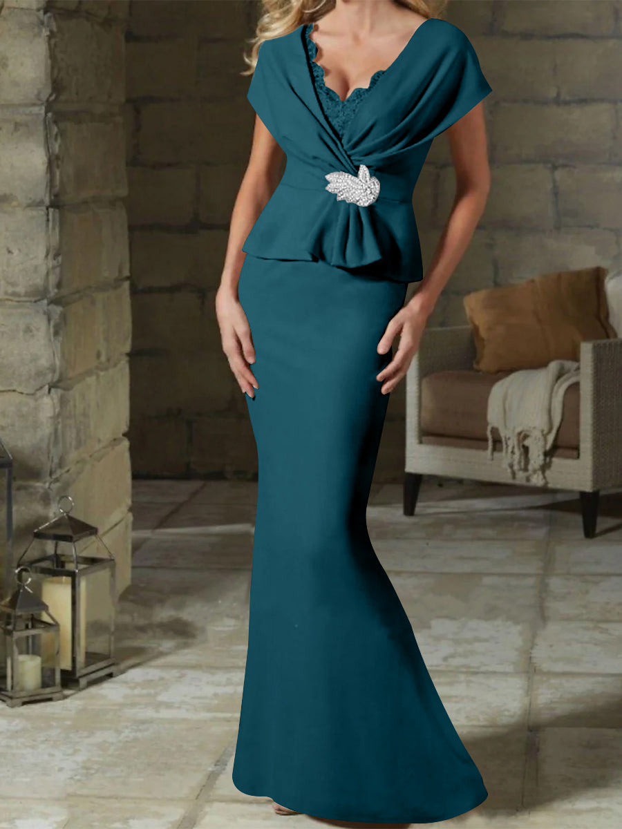 V-Neck Belted Mother of the Bride Sheath Dress for Weddings