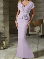 V-Neck Belted Mother of the Bride Sheath Dress for Weddings
