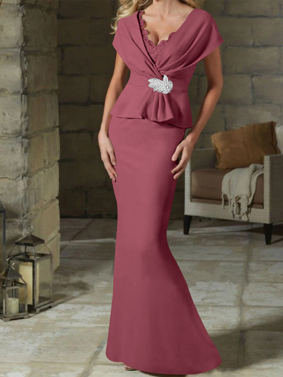 V-Neck Belted Mother of the Bride Sheath Dress for Weddings