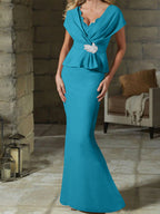 V-Neck Belted Mother of the Bride Sheath Dress for Weddings